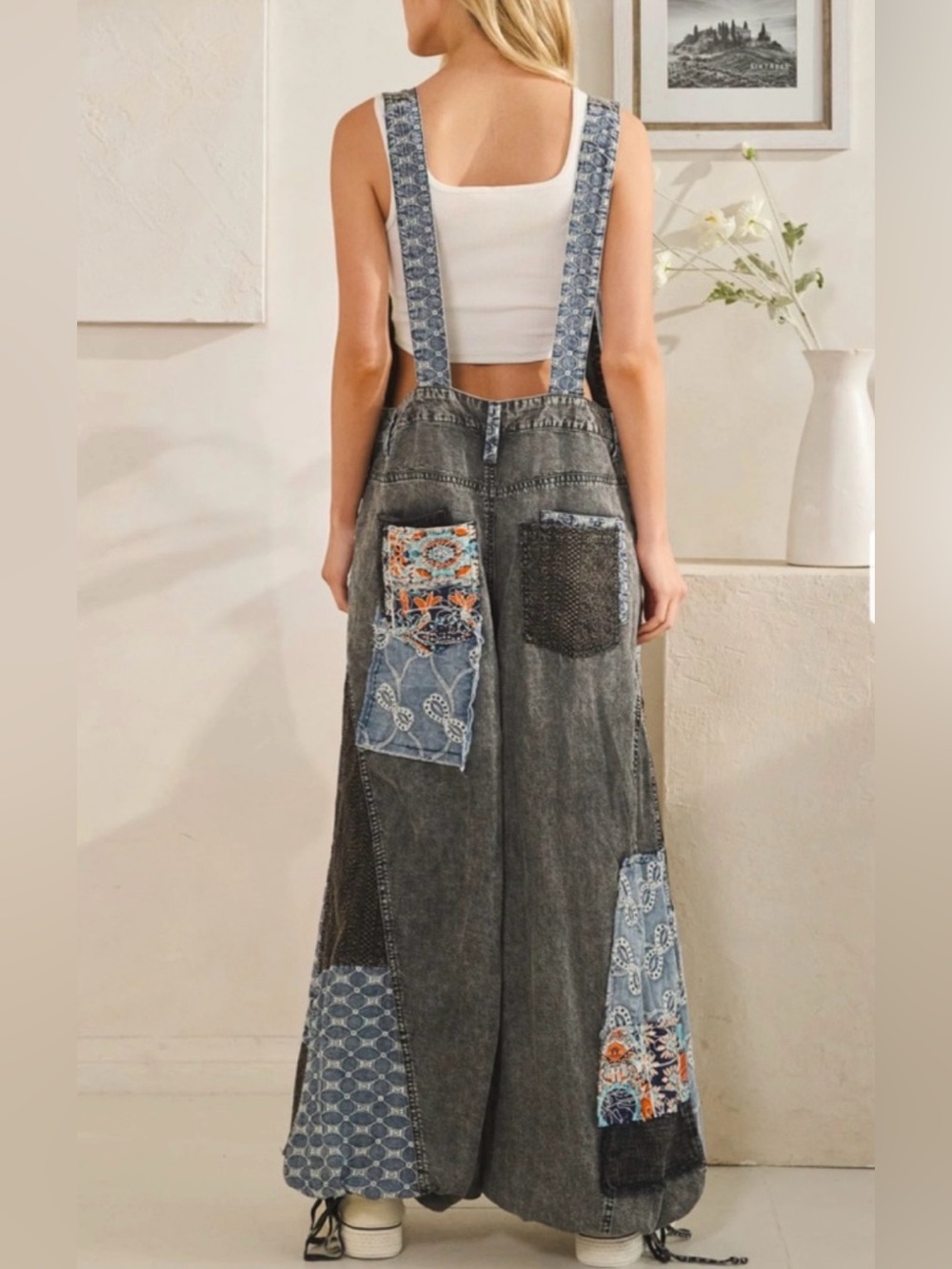Oli & Hali Gray Patchwork Tencel Denim Overalls - Picture 5 of 15